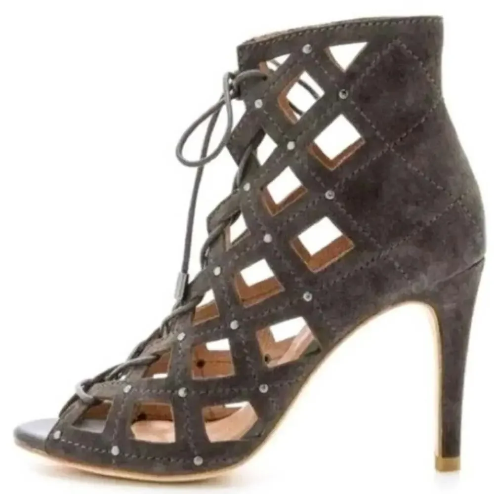 Joie Gray Sueded Cayla Studded Caged Lace Up Stiletto Heels Size 38 US 7.5